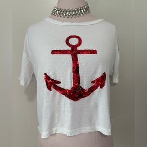 DELIAS white crop tee with red sequin anchor tee in size large